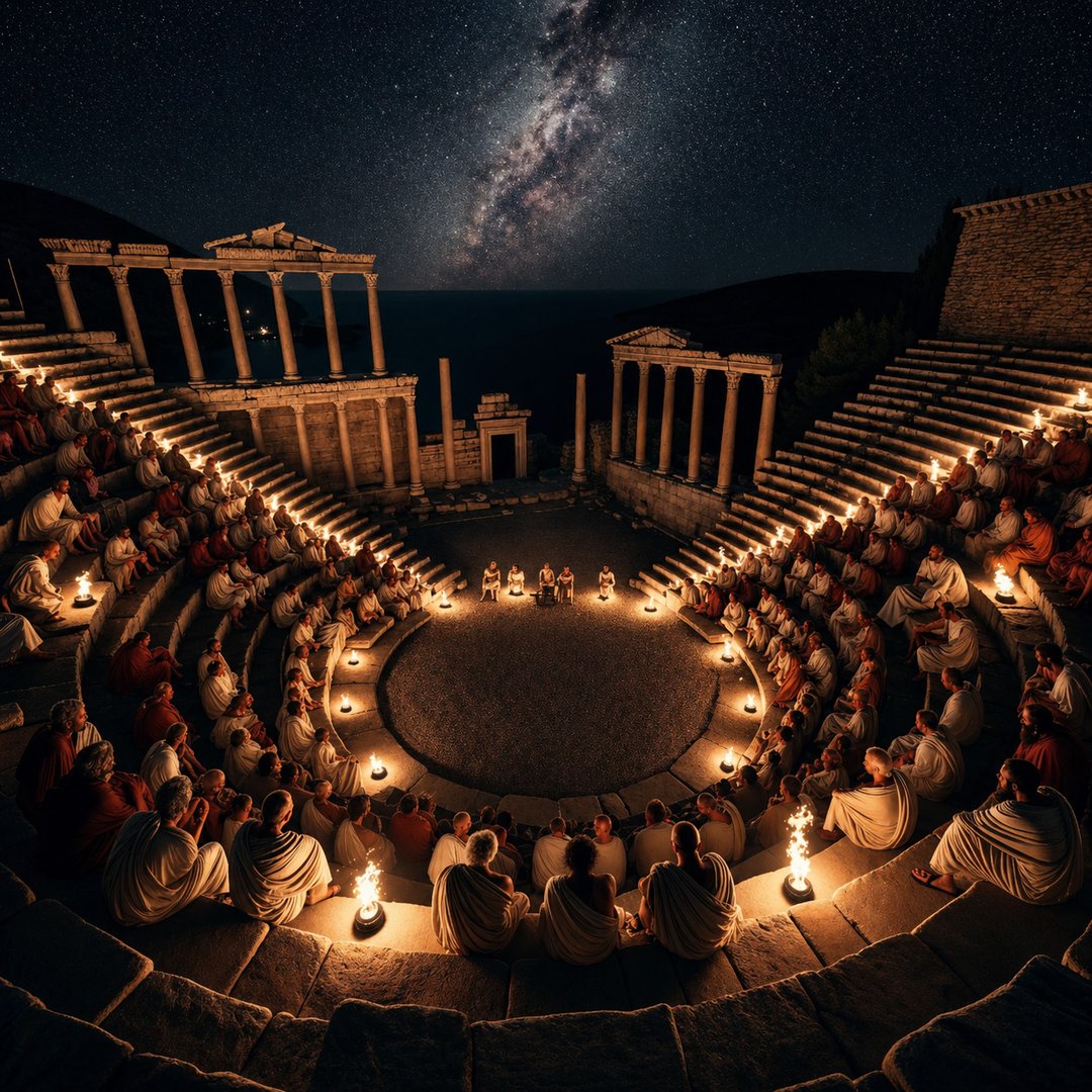 Photo of an ancient stone amphitheater illuminated by torches. Under the night sky, a group of Stoics of different genders and descents gather, sittin