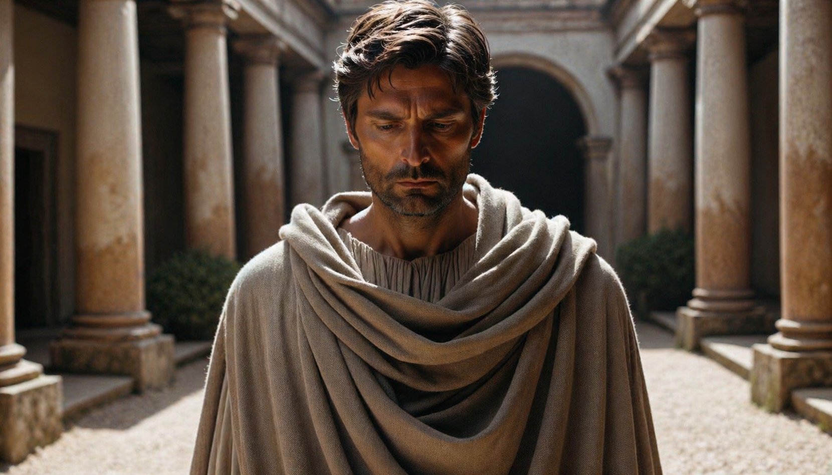 Photo of a man in ancient Stoic clothing, walking through a serene courtyard, his expression contemplative with a slight shadow of worry in his eyes,
