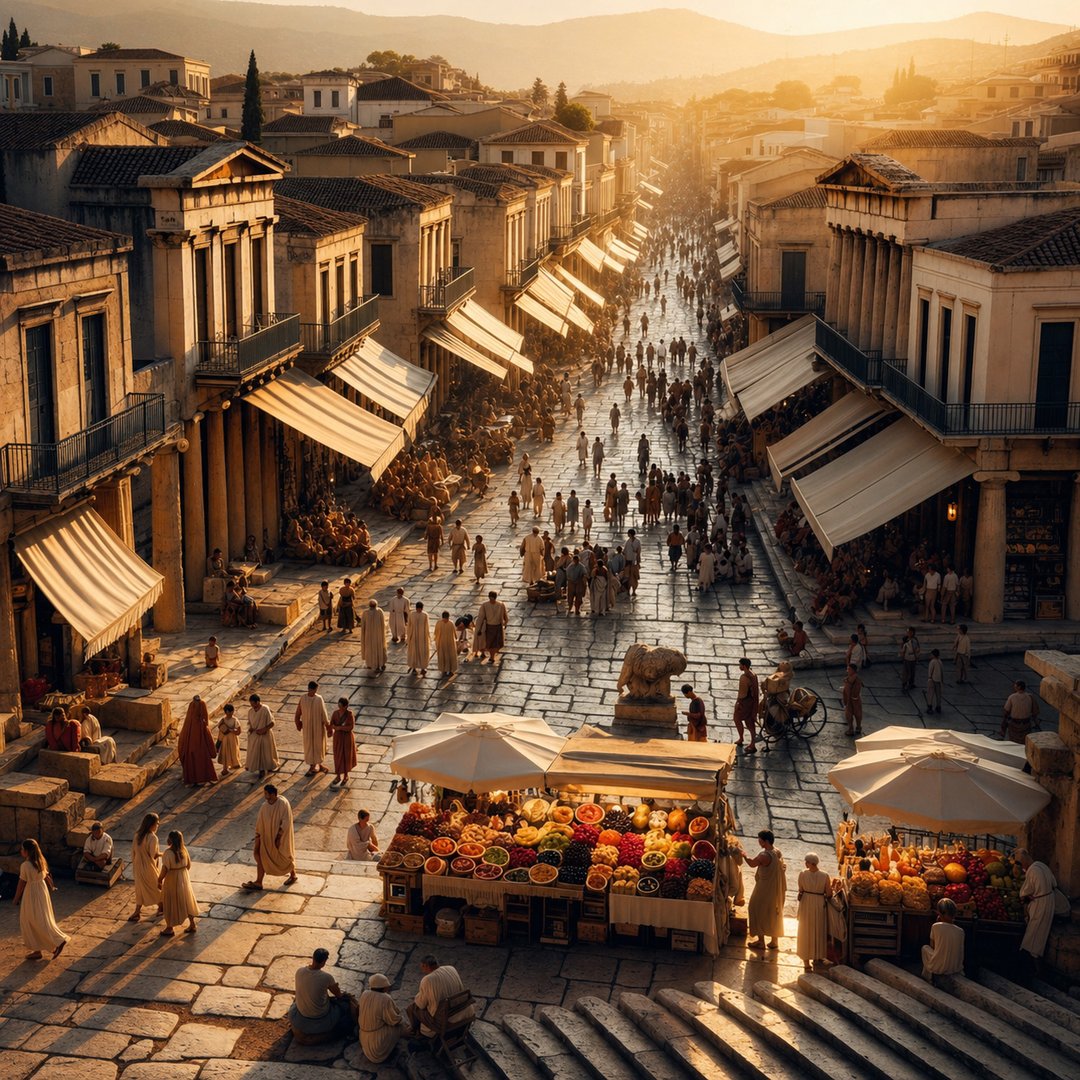 Photo of an ancient Greek city bathed in the golden light of a summer afternoon. The streets are bustling with people in light tunics, and vendors sel