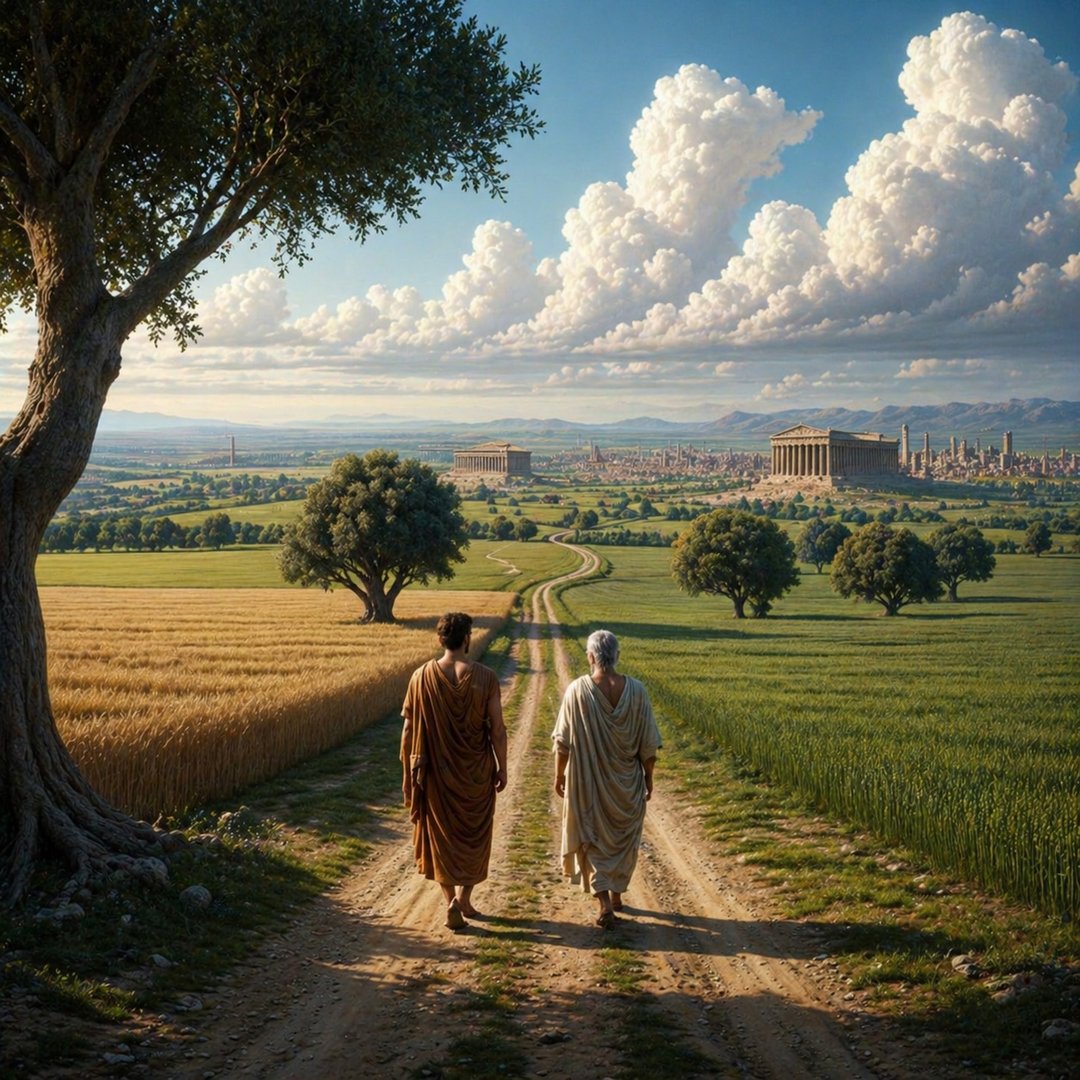 Photo of a vast landscape with verdant fields and mature trees under a clear blue sky. A dirt road winds its way towards a distant city with ancient s